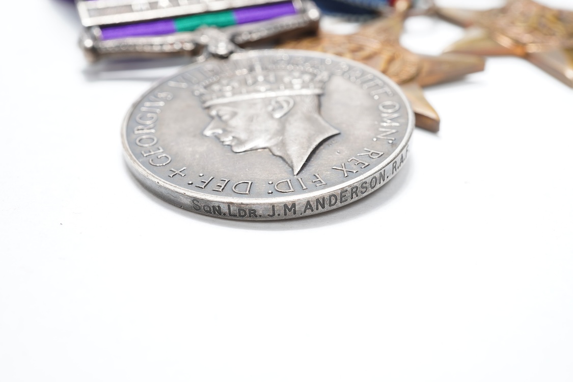 A WWII medal group awarded to Sqdn. Ldr. J.M. Anderson. R.A.F., also engraved under the ranks of Private (7260344), and Flight Officer, comprising of seven medals (three engraved)